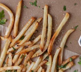 oven baked fries how to make oven baked french fries, Overhead image of Oven Baked Fries on brown parchment paper