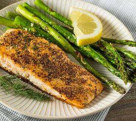 pan seared salmon recipe easy stovetop salmon, Pan Seared Salmon on a white plate with asparagus