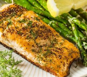 pan seared salmon recipe easy stovetop salmon, Close up image of Pan Seared Salmon on a white plate with asparagus and dill