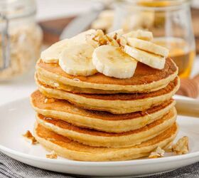 banana oatmeal pancakes healthy banana oatmeal pancakes, A Stack of Banana Oatmeal Pancakes on a white plate with fresh bananas on top