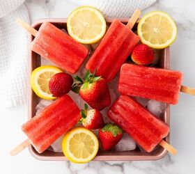easy 3 ingredient hot cocoa dip, Strawberry popsicles with cut lemons on a tray