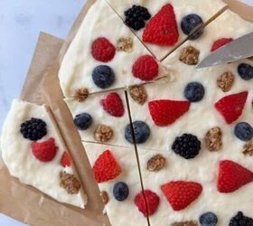 greek yogurt bark, The Greek Yogurt Bark broken into pieces on a piece of parchment paper