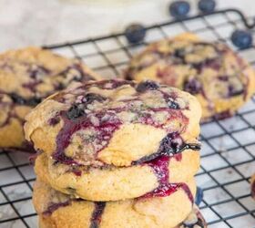 greek yogurt bark, Lemon blueberry cookies on a wire rack and stacked on top of each other