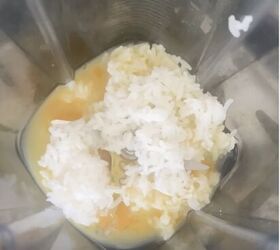 lemony green goddess chicken rice soup avgolemono style, egg yolks lemon rice and broth in blender ready to blend together