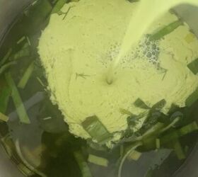 lemony green goddess chicken rice soup avgolemono style, Adding blended portion of soup back to pot