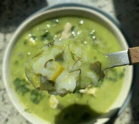 lemony green goddess chicken rice soup avgolemono style, spoonful of green goddess chicken and rice soup