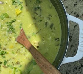 lemony green goddess chicken rice soup avgolemono style, serving pot of green goddess chicken and rice soup