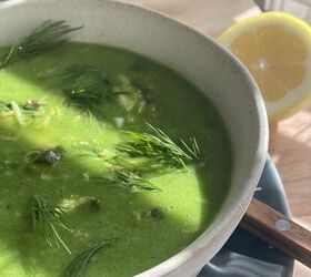 lemony green goddess chicken rice soup avgolemono style, close up of bowl of green lemony chicken and rice soup garnished with fresh dill