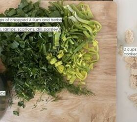 lemony green goddess chicken rice soup avgolemono style, main soup ingredients laid out on counter chopped and ready to go