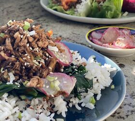 bulgogi tofu with shredded tofu and mushrooms, plate of tofu and mushroom bulgogi with radish chips and lettuce wraps in the background