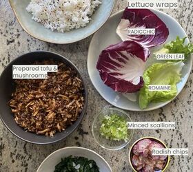 bulgogi tofu with shredded tofu and mushrooms, Overhead view of bowls of rice lettuce cups tofu and mushrooms prepared bulgogi style scallions radish chips and saut ed spinach all labeled as such
