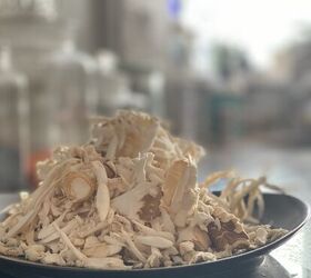 bulgogi tofu with shredded tofu and mushrooms, plate piled high with shredded mushrooms that were grated using a box grater