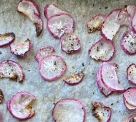 bulgogi tofu with shredded tofu and mushrooms, overhead view of radish slices spread out on roasting pan