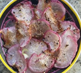 bulgogi tofu with shredded tofu and mushrooms, overhead view of sliced radish chips in small dish for use as topping