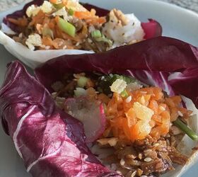 bulgogi tofu with shredded tofu and mushrooms, close up of lettuce wraps with candied ginger topping