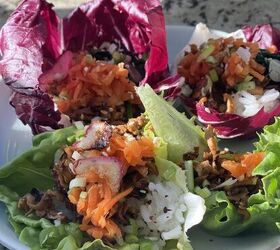 bulgogi tofu with shredded tofu and mushrooms, bulgogi style lettuce wraps using green leaf and radicchio