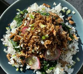 bulgogi tofu with shredded tofu and mushrooms, Bulgogi style Tofu and Mushrooms over saut ed spinach and rice