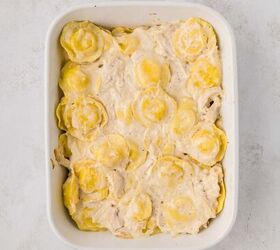 chicken alfredo baked ravioli, ravioli and chicken layered with alfredo sauce