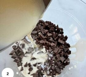 dark chocolate truffles, Cream is heated and then poured over the chocolate that is in the bowl