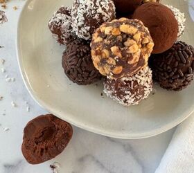 dark chocolate truffles, Truffles stacked on the plate with one half eaten