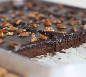 texas sheet cake recipe the best chocolate sheet cake, Close up image of a cut Texas Sheet Cake
