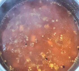curried lentil carrot soup, A soup broth with some whole coriander seeds black peppercorns and some cubed carrots in a saucepan