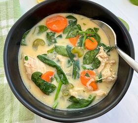 greek chicken soup with lemon and orzo gf, Greek Chicken Soup in a black bowl with a spoon