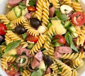 greek chicken soup with lemon and orzo gf, Italian gluten free pasta salad in a white bowl