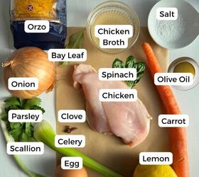 greek chicken soup with lemon and orzo gf, Ingredients include chicken chicken broth salt carrot lemon egg celery clove bay leaf scallion spinach parsley onion olive oil and orzo