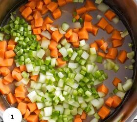 greek chicken soup with lemon and orzo gf, Simmering carrots celery and onion in a stockpot