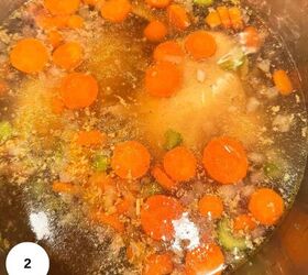 greek chicken soup with lemon and orzo gf, Adding the broth chicken and spices to the carrot mixture in the stockpot