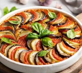 layered ratatouille recipe homemade baked ratatouille, Close up image of Layered Ratatouille in a white dish