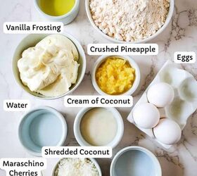 pina colada cupcakes, Ingredients for making pina colada cupcakes in small bowls