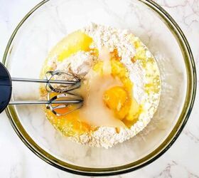 pina colada cupcakes, Ingredients for making pina colada cupcakes in a bowl with a mixer
