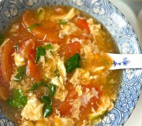 simple 3 ingredient brown sugar cookies, Cooked tomato egg drop soup in a bowl