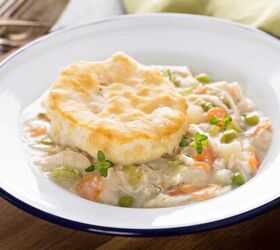 crockpot chicken pot pie recipe slow cooker pot pie, Slow Cooker Chicken Pot Pie in a white bowl with a biscuit on top