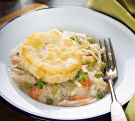 crockpot chicken pot pie recipe slow cooker pot pie, Overhead image of Slow Cooker Chicken Pot Pie with a biscuit on top