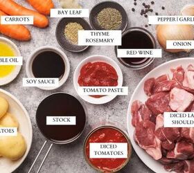 lamb stew dutch oven, Ingredients laid out to make a classic lamb stew