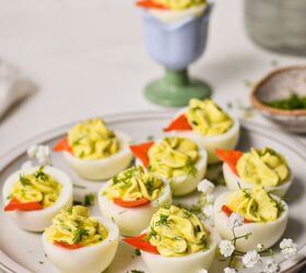 deviled eggs with lifeway farmer cheese, Deviled eggs garnished with smoked salmon and dill served on a white plate
