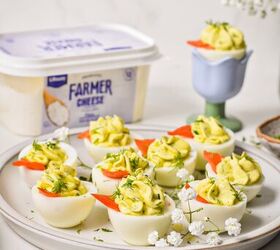 deviled eggs with lifeway farmer cheese, Deviled eggs served on a serving plate with a tub of farmer cheese in the background
