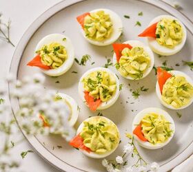 deviled eggs with lifeway farmer cheese, Deviled eggs served on a plate with smoked salmon and fresh dill as garnish
