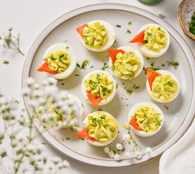 deviled eggs with lifeway farmer cheese, Overhead shot of deviled eggs on a serving plate garnished with smoked salmon and dill