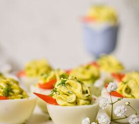 deviled eggs with lifeway farmer cheese, Side view of farmers cheese deviled eggs served on a serving platter