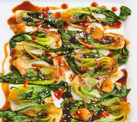 air fryer bok choy recipe crispy bok choy, Overhead image of Air Fryer Bok Choy on a white platter