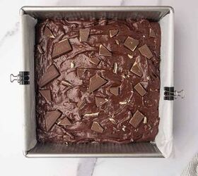 andes chocolate mint brownies, Andes Chocolate Mint Brownie batter topped with mint chocolate before baking