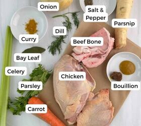 grandma s chicken soup, Ingredients include onion salt pepper parsnip dill curry beef soup bone beef bouillion chicken bouillion chicken carrot parsley celery bayleaf and dill