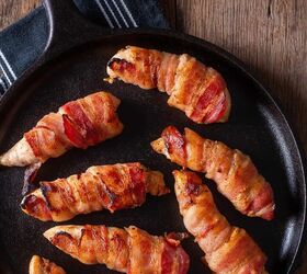 bacon wrapped chicken tenders wrapped chicken tenders, Close up image of Bacon Wrapped Chicken Tenders in a skillet