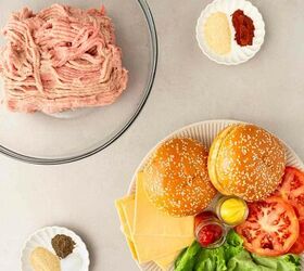 instant pot turkey burgers, turkey burger ingredients in bowls and on a plate