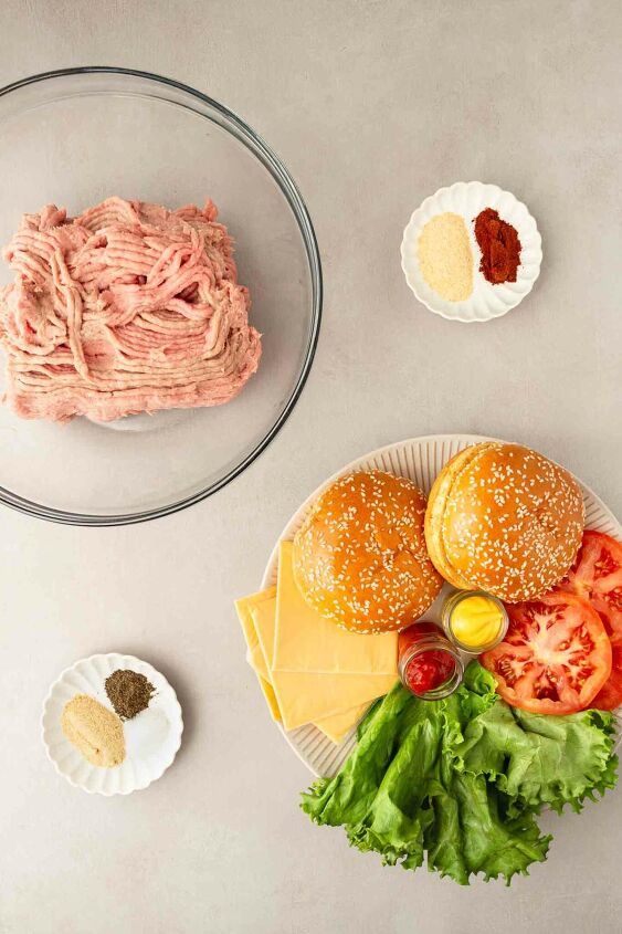 instant pot turkey burgers, turkey burger ingredients in bowls and on a plate