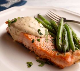 salmon with chili ginger aioli, Close up of serving of salmon and green beans